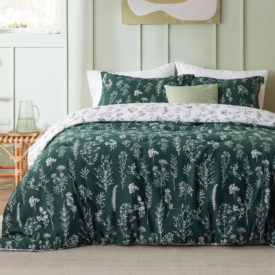 

Queen Comforter Set with Emerald Bed Set 3 Pieces Featuring Soft Reversible Botanical Flowers Comforter and 2 Pillow Shams for