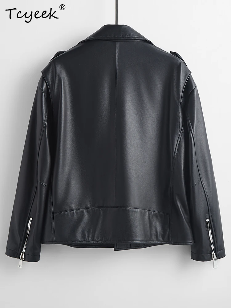 Tcyeek หนังแกะจริงผู้หญิงแจ็คเก็ตหนังฤดูใบไม้ผลิฤดูใบไม้ร่วงคอยาวแขนยาวสีดําสั้นเสื้อแจ็คเก็ตรถจักรยานยนต์ Chaqueta Cuero