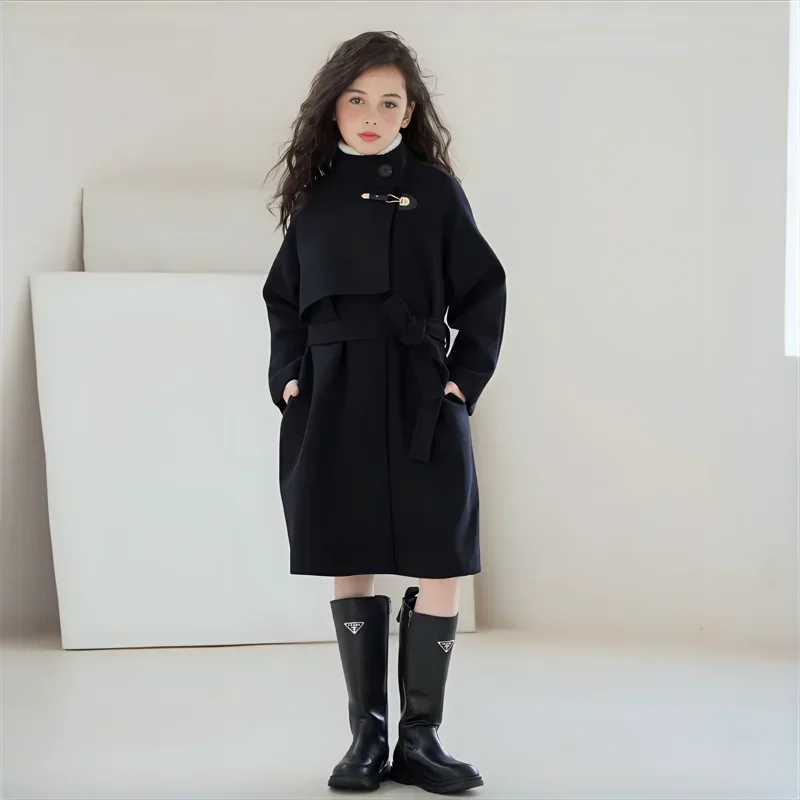 Girls Winter Wool Coat Mid-length Double-faced Tweed Overcoat for Kids Fashion Black 10 12 14 Years Teenage Children Outerwear