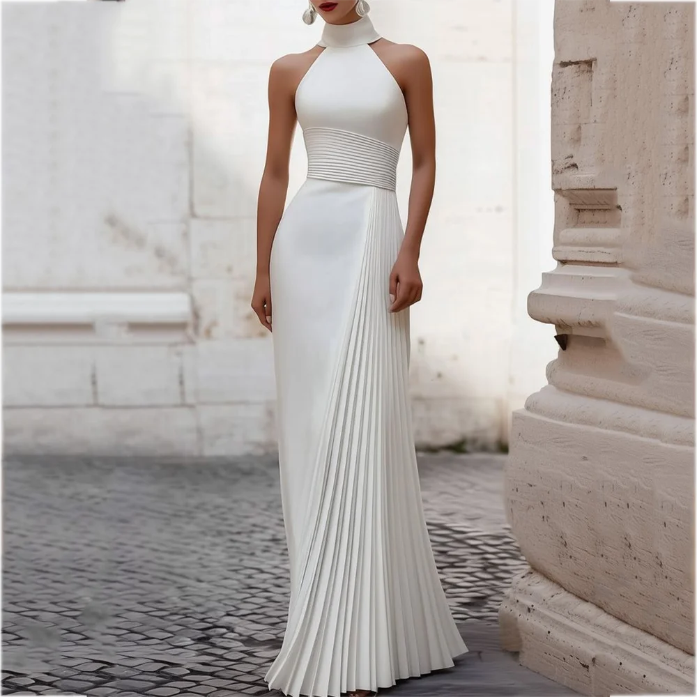

Elegant White Women's Prom Dresses High Collar A-Line Floor Length Pleat Formal Party Gown for Wedding Robes De Cocktail