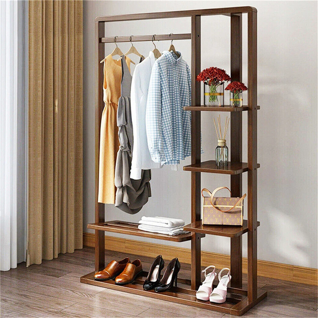 3-in-1 Bamboo Hall Tree, Clothes Rack with Shelves & Shoe Bench, Heavy Duty Clothes Organizer with hanging Rod