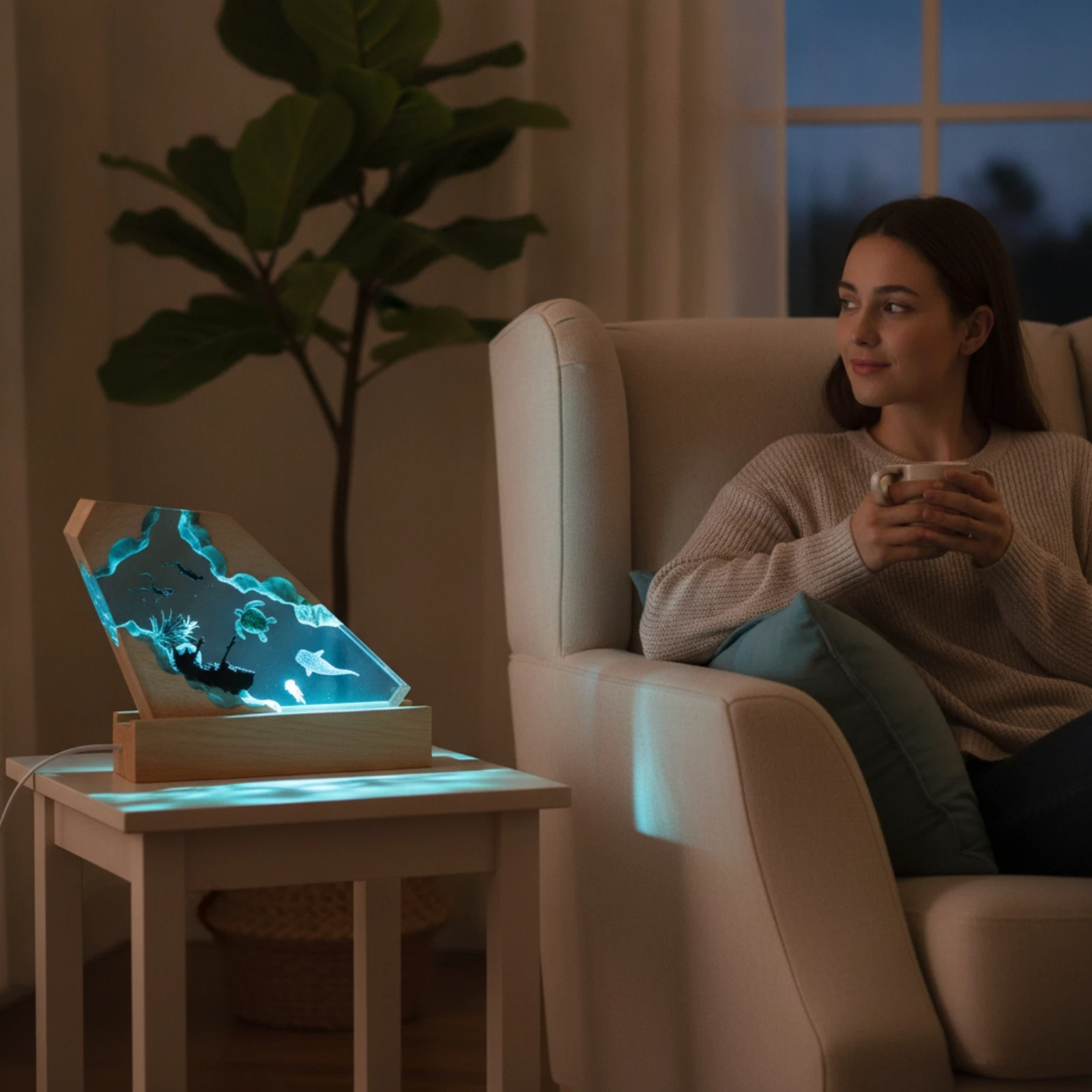 Resin Night Light with Wood Base Deep Sea Resin Wood Night Light Translucent Compact for Bedside Table, Desk