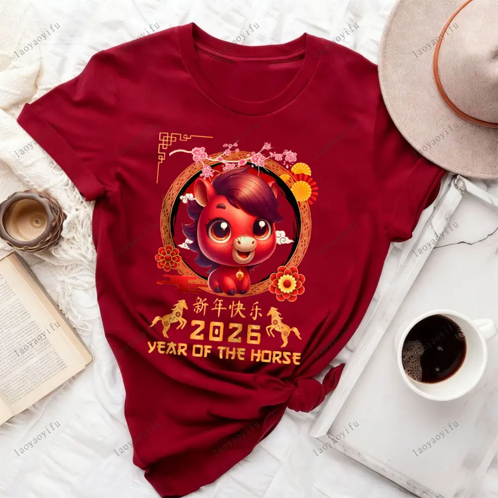 Year of The Horse 2026 Chinese Lunar New Year 2026 Women T Shirt New Year Eve Horse Pattern Sweatshirt Y2k Tops Graphic Tees