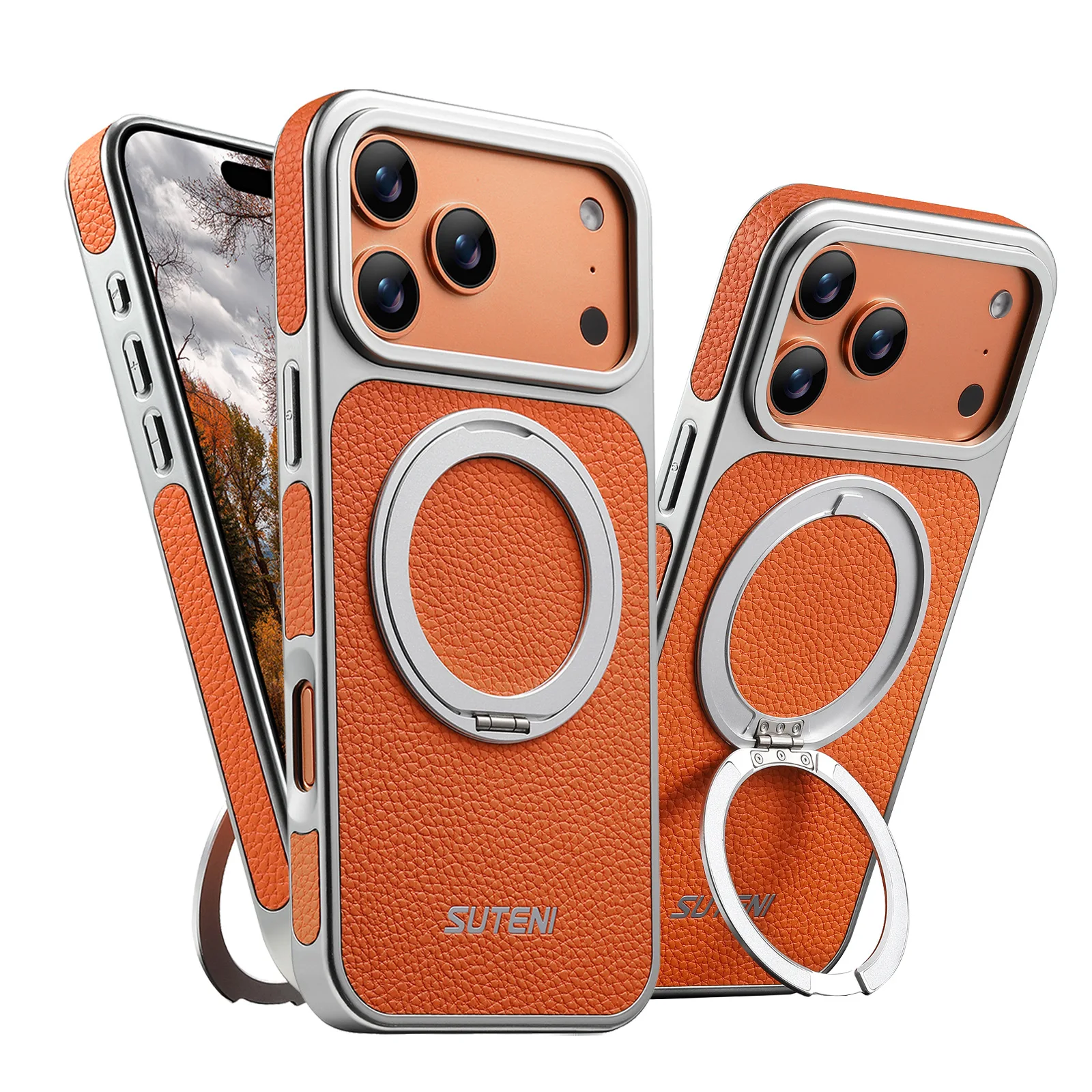 Faux Leather Magnet Wireless Charging Case 360° Rotating Stand Ring Buckle Frosted Feel For iPhone 16 15 14 13 17 18 Pro Max