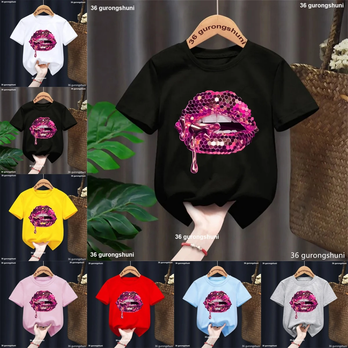 

2024 Hot Sale Black T Shirt Girls Pink Glitter Lips Graphic Print Tshirt Boys Girl Luxurious Makeup Sexy T-Shirt Tees Tops