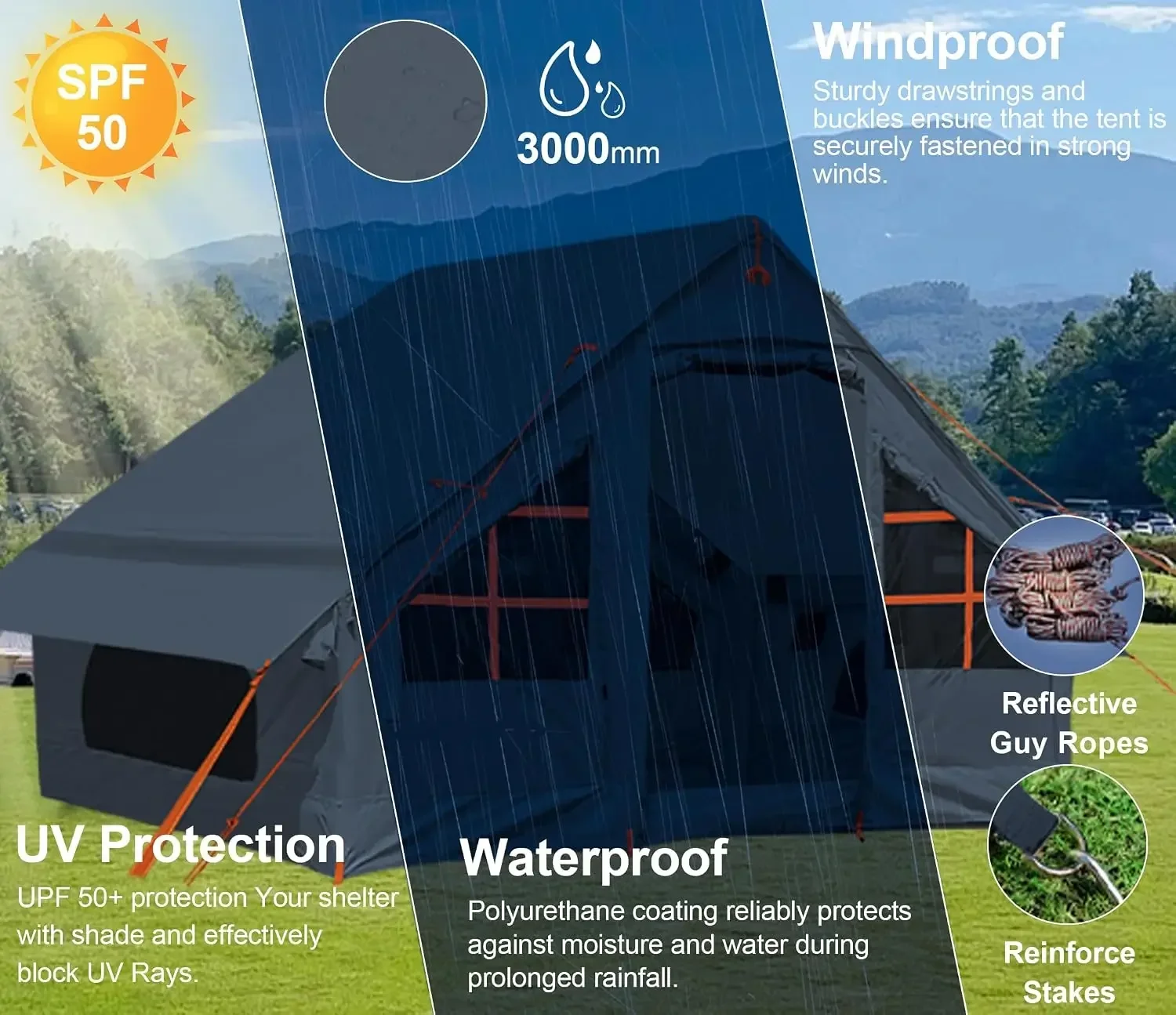 US Shipping Inflatable Tents for Camping with Stove Jack, 2/4/6/8 Person Easy Setup Blow Up Tents for 4 Seasons Waterproof Infla