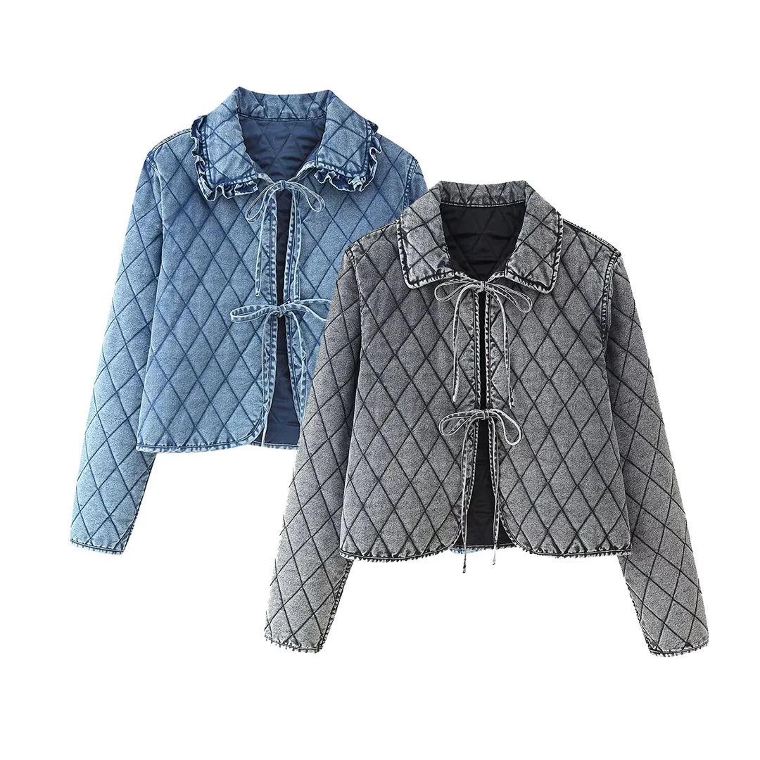 

Vintage Long Sleeve Bow Street Casual Jackets Autumn Winter Short Parka Coat Women's Fashion Denim Quilted Cotton Jacket