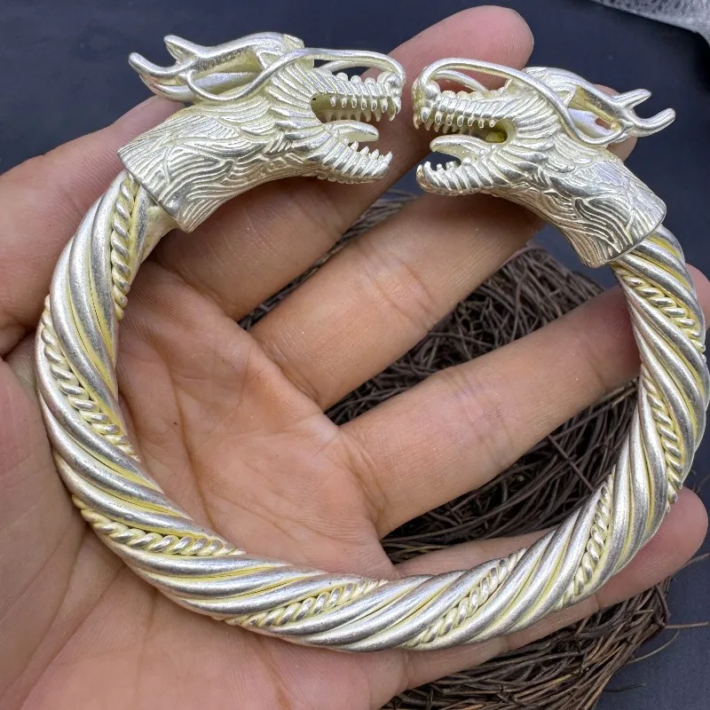 S925 Tibetan Silver Twisted Dragon Cuff Bangle, Vintage Old Silver Empress Style Adjustable Wrist Statement Jewelry