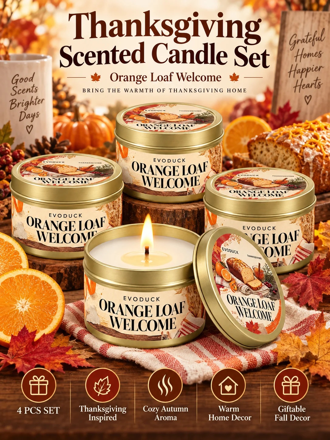1pc Pumpkin Chai Oak Fall Candle 3oz Gold Tin, Spiced Pumpkin Scent, Gift Box & Card, Thanksgiving Table Decor Gift