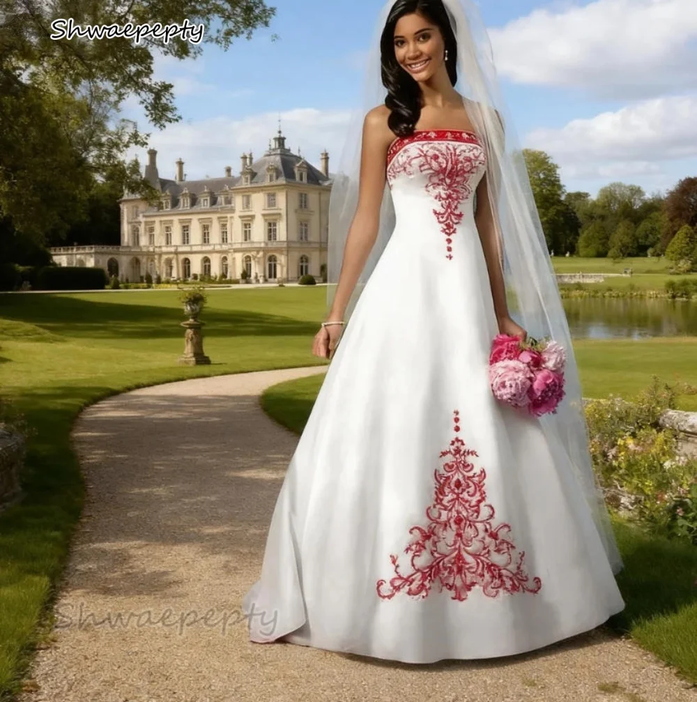 Vestido De novia blanco y rojo bordado elegante, cola De barrido, corte en A, vestidos De novia sin tirantes De satén, batas De novia personalizadas