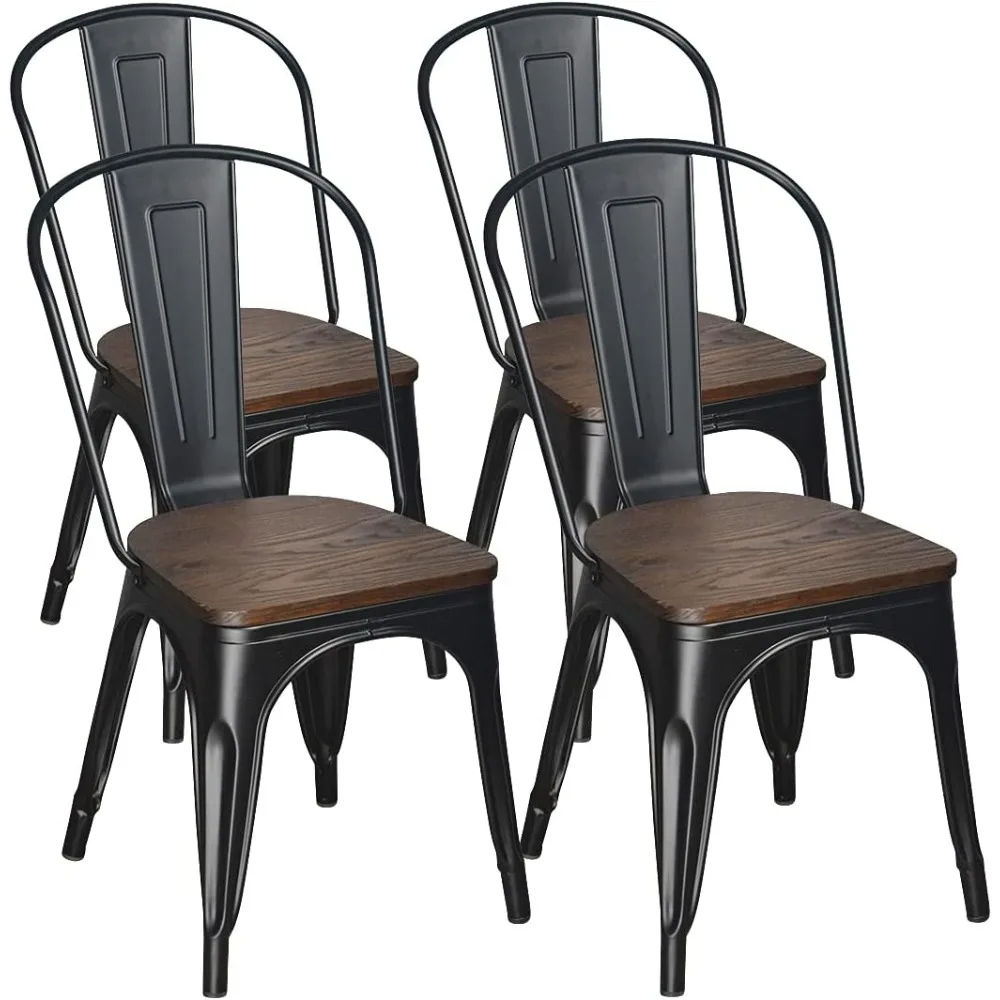 Set of 4 Metal Dining Chairs Stacking Metal Farmhouse Chairs with Rubber Feet Wood Seat Kitchen Chairs Rustic Matte Black