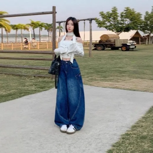 Spring Plus Size Women's Clothing High Waist Loose Fit Casual Wear Wide Leg Jeans Denim Straight Cut Full Length Pants view 2