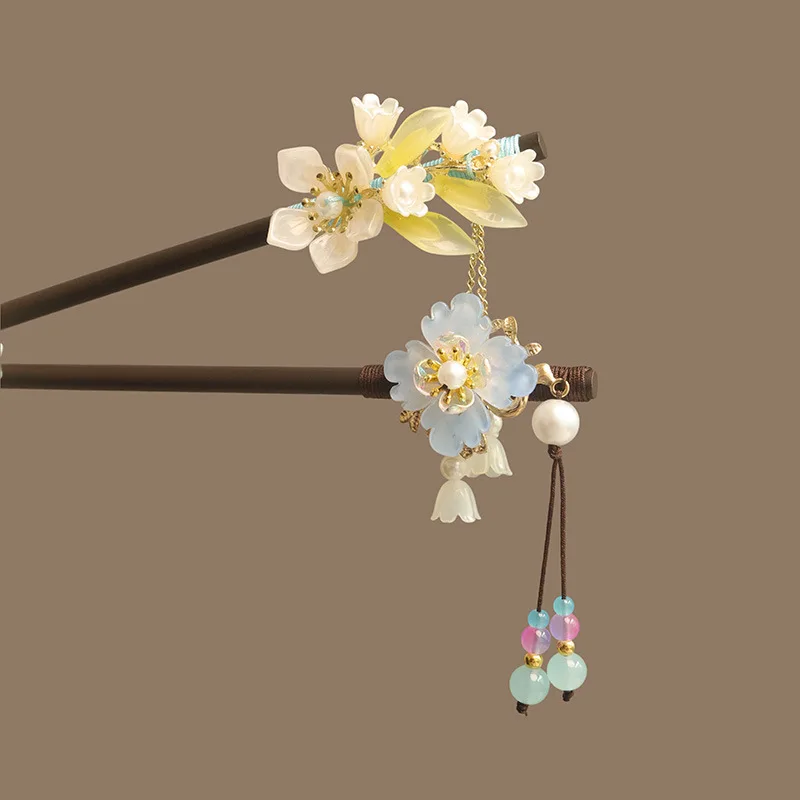 Flower Tassel Pearl Hair Sticks Wooden Hair Fork Hairpin Chinese Style Handmade Floral Hair Stick Women Hanfu Hair Accessories image 3