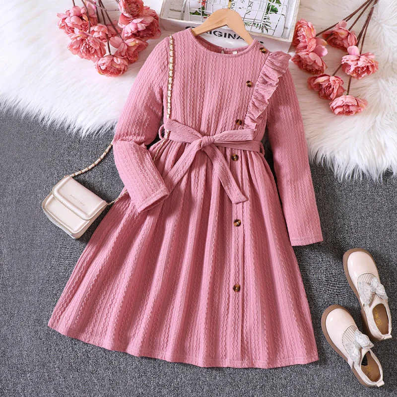 

EWChildren's Clothing New Autumn Winter Knitted Ribbed Button Dress for GirlsDQ1434-C