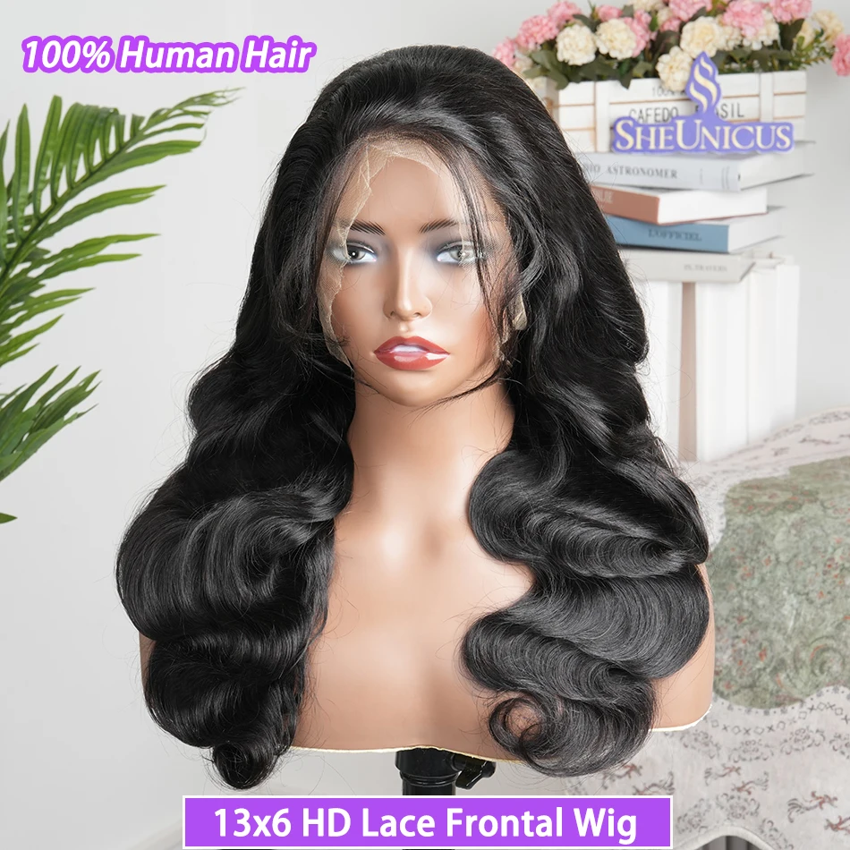 

Парик из натуральных волос с HD-кружевной вставкой 13x6, волнистый (Body Wave) # Натуральный цвет 1B, 200% плотность, предварительно выщипанные, обесцвеченные узлы, вьетнамские необработанные натуральные волосы