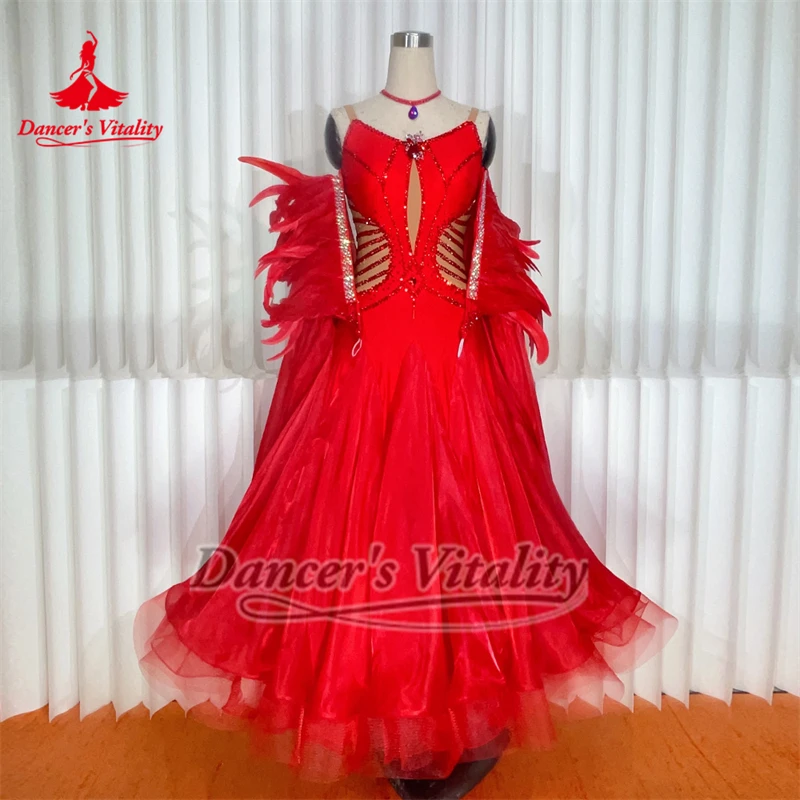 

Стандартное бальное платье без рукавов с открытой спиной, дизайнерская танцевальная одежда, роскошное красное платье AB Stones Foxtrot Waltz Dancesport по индивидуальному заказу