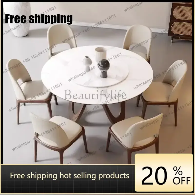 JJ Nordic wabi sandy wind solid wood round table with turntable rock slab Italian all solid wood baseplate round table chairLX