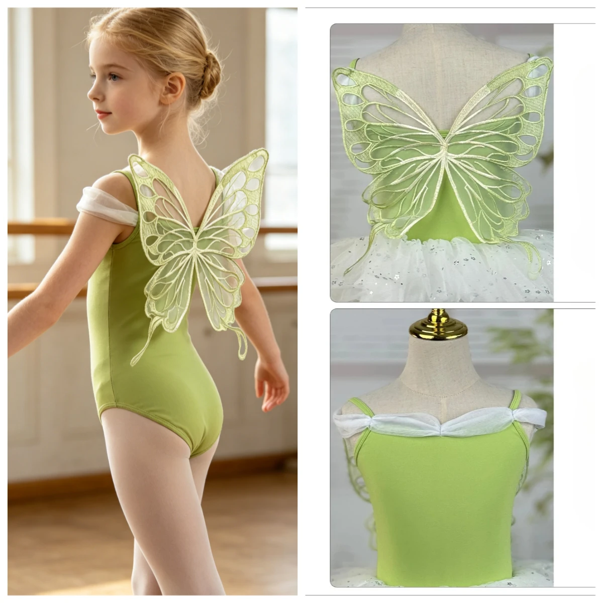 Schmetterlings-Feen-Ballett-Tutu-Kleid für Mädchen, Kinder-Ballerina-Kostüm, Tanz-Performance-Übungskleidung, grüne Schmetterlingsflügel