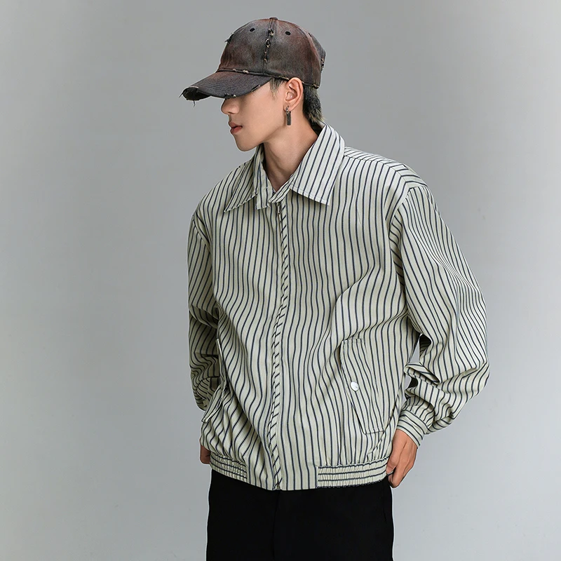 PFNW American Stripe Lapel Zipper Design Shirt Men\'s Vintage New Long Sleeve Clothing Trendy 2024 Autumn Loose Male Tops 28W4718