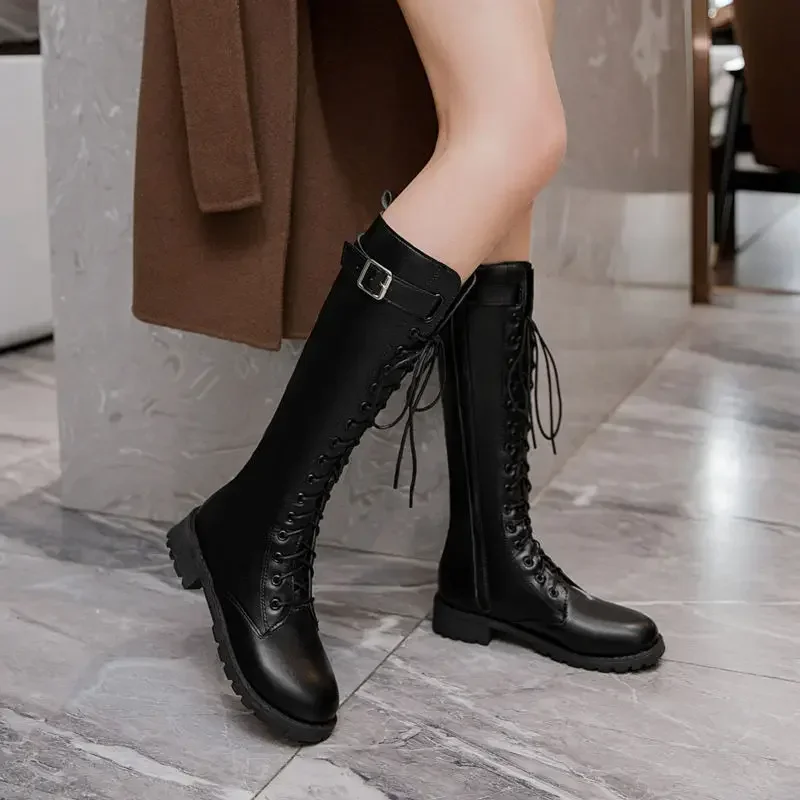 Elegant With Low Heels Black Ladies Mid Calf Shoes Round Toe On Offer Trend 2024 Demi-season Footwear Pu Women's Half High Boots