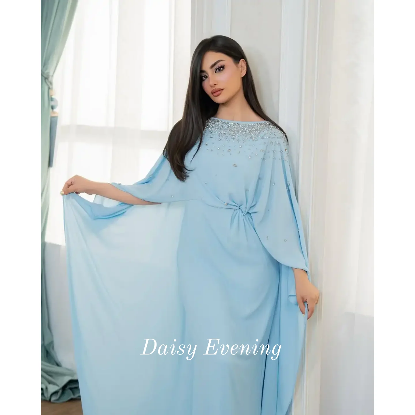 Blaue Perlenbesatz-Chiffon-Abschlussballkleider, O-Ausschnitt, plissiert, bodenlange Abendkleider, maßgeschneiderte ärmellose Hochzeits-Party-Kleider