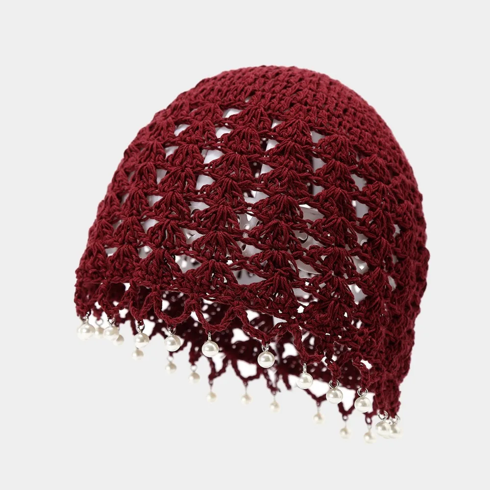 

Sweet Crochet Hollow Knitted Hat Beads Tassels Hollow Out Knit Beanies Bohemian Style Korean Ethnic Style Hat