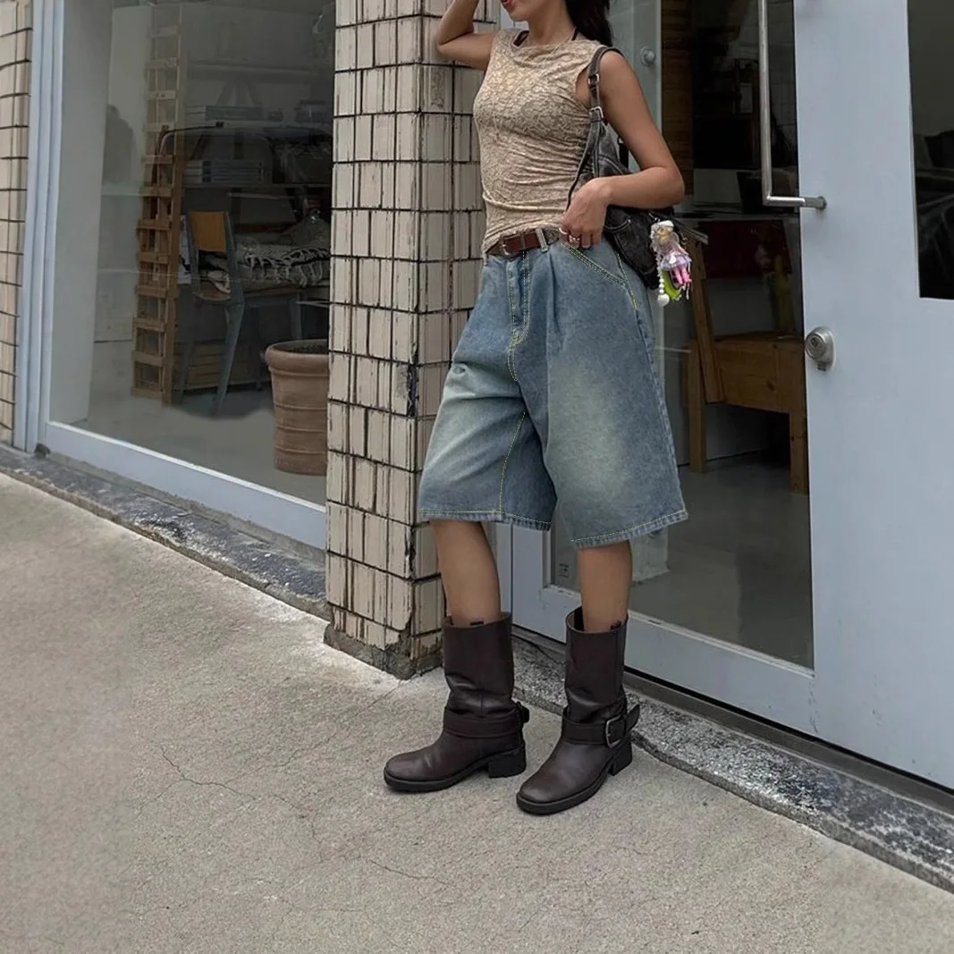 Jeans Knee Length Women Straight Short Pants Mid Waist Pockets Washed Distressed Button 2025 Streetwear Female Denims Trousers