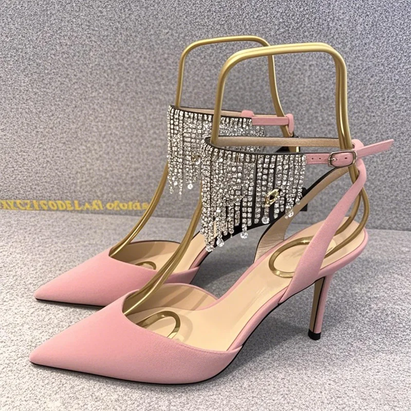 

Suede Pink Tassel Crystal Sandals Ankle Strap Stiletto High Heel Sexy Pointed Toe Party Women Pumps New Fashion 2024 Sandals