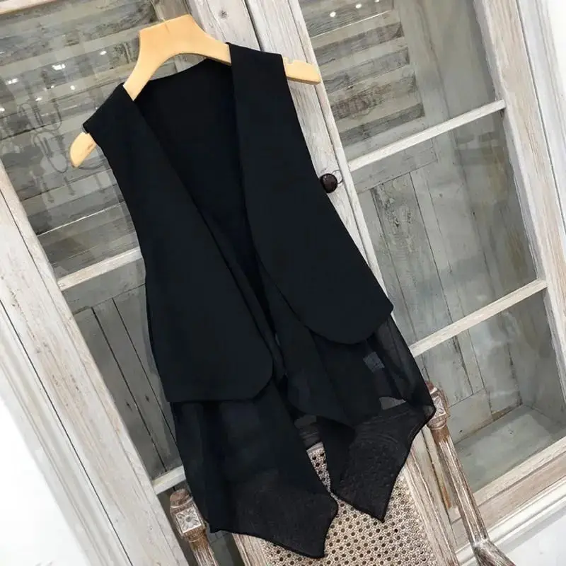 Chiffon Vest Women Outerwear Versatile Lightweight Summer Jacket Tops Cardigan Trendy Tank Top White Black Waistcoat