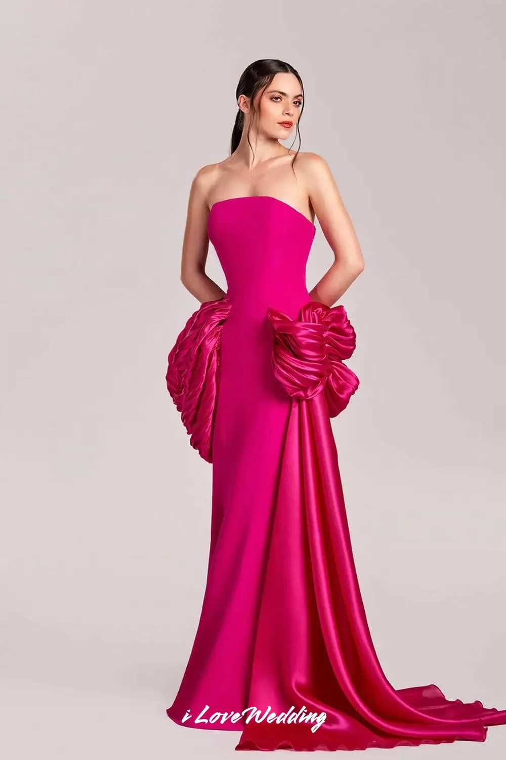 

Rose Pink Strapless Evening Dresses 2025 Sleeveless Pleated Mermaid Sweep Train Floor-Length Wedding Party Dresses Customized