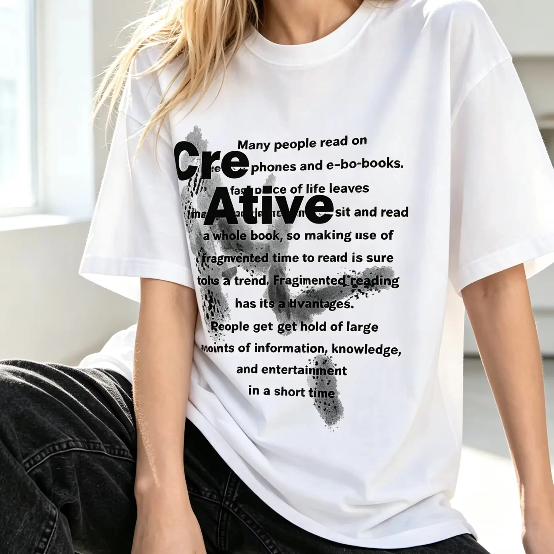 Women Creative Text Slogan Ink Splash Graphic T Shirt Abstract Black Grey Ink Print Casual Aesthetic Short Sleeve Tees