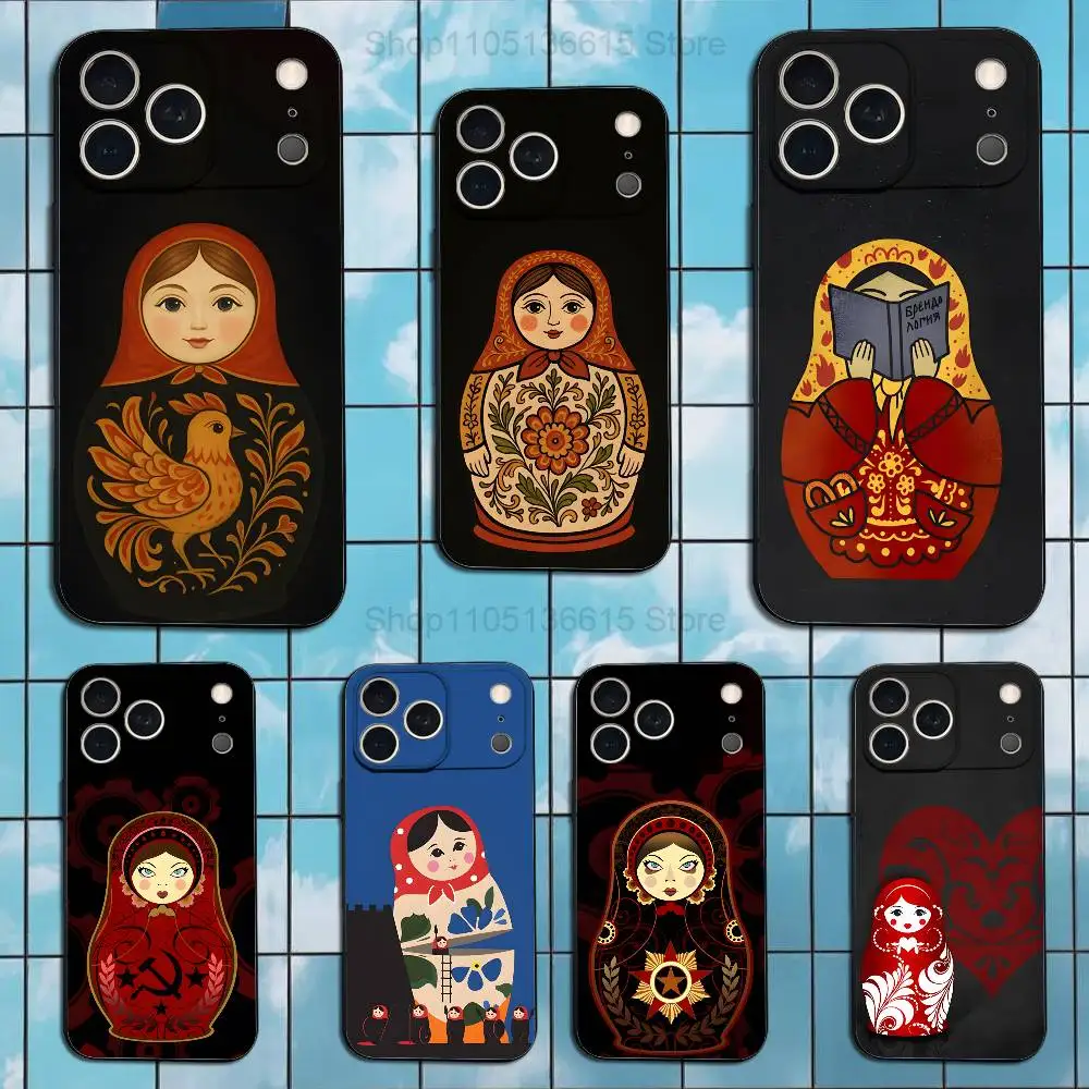 

Matryoshka Art Russian Dolls Case For iPhone 17,16,15,14,13,12,11 Plus,Pro Max,XS,X,XR,SE,Mini,8,7,Soft Silicone Black Cover