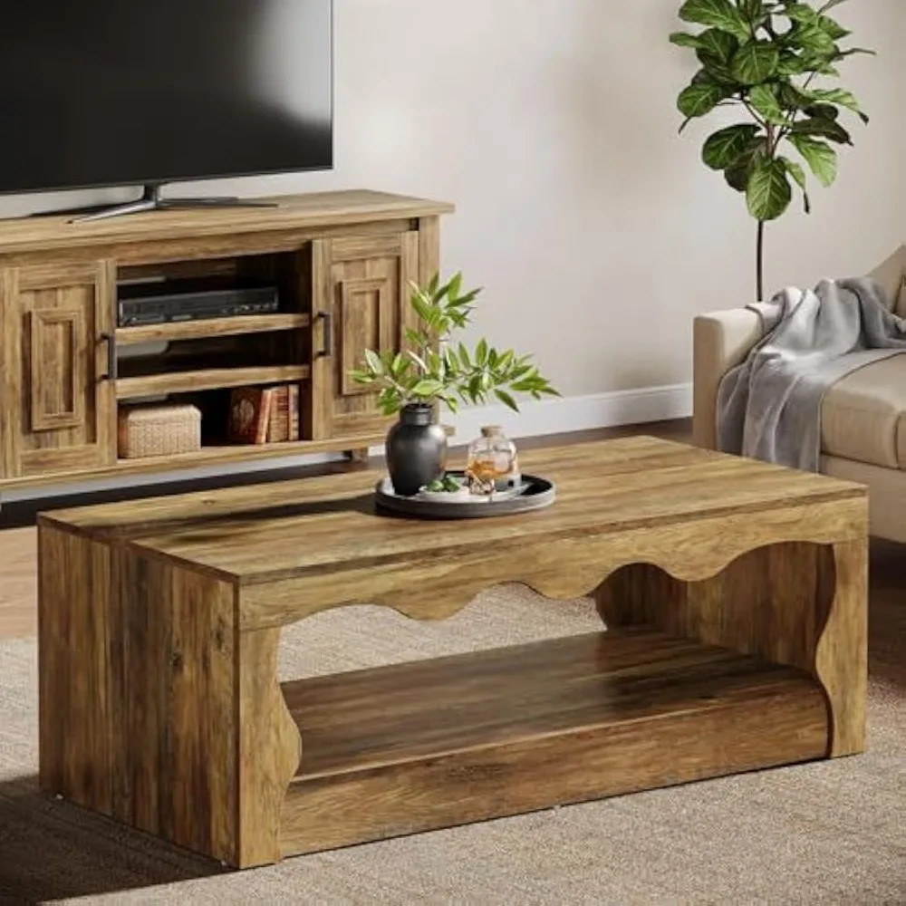 Mesa de centro retangular estilo fazenda, 47,24 polegadas, peça central de madeira de 2 camadas para sala de estar