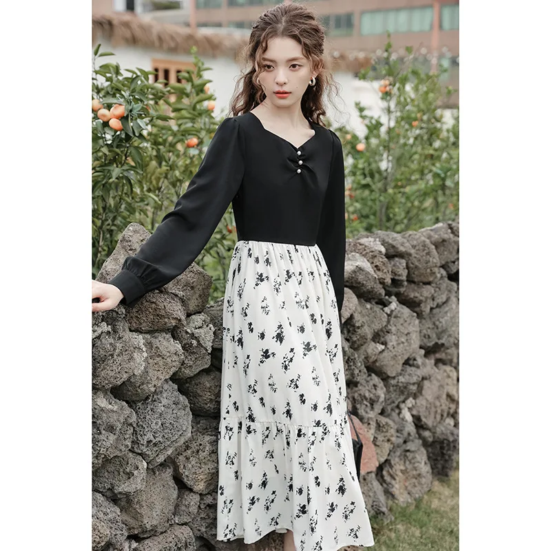 

Vintage Long Sleeve Splice Dress Elegant High End Design New French Style Fragmented Flower Spring and Autumn 2024