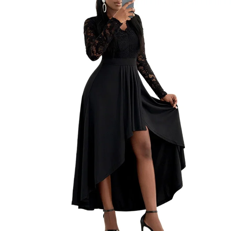 

Long Sleeves V-neck Lace High Low Cocktail Evening Dress