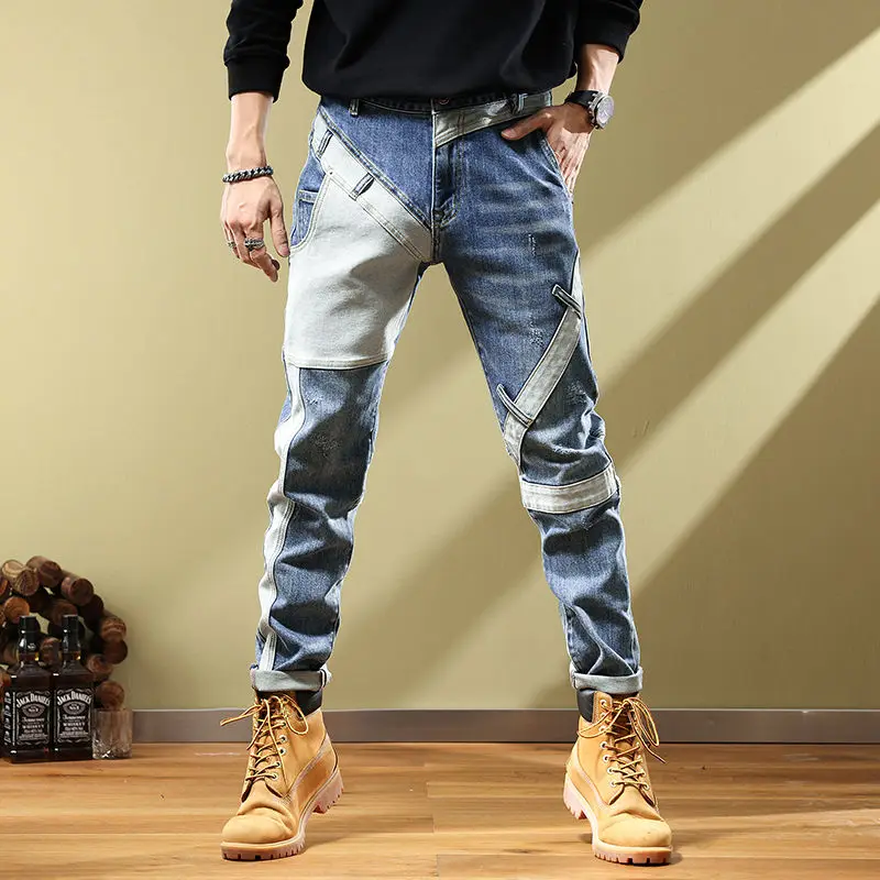 Calça de cintura alta masculina com bolsos, jeans chiques, retalhos, slim, versátil, simplicidade coreana, nova moda, roupas para primavera e outono