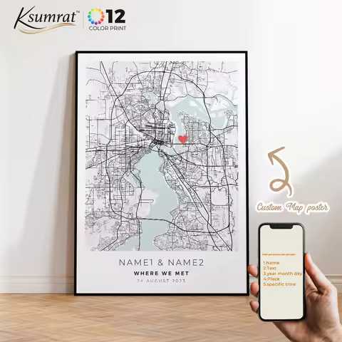 Modern Personalization Custom City Map Couple Anniversary Where We Met Wall Art Framed Print Picture Living Room Home Decor Gift