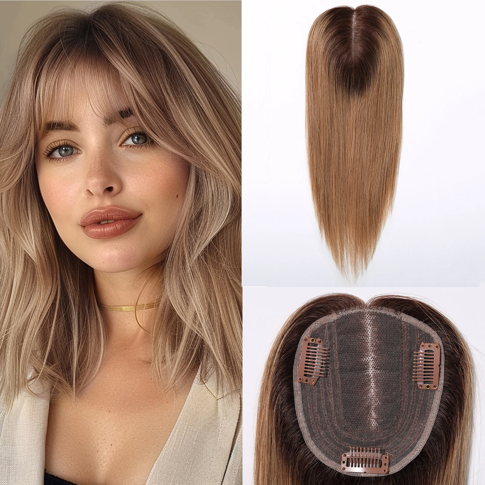 Topper de Cabelo Humano 100% Remy Ombre Castanho de 12 Polegadas com Base de Renda 4x5 Polegadas para Mulheres com Cabelo Ralo e Parte Central