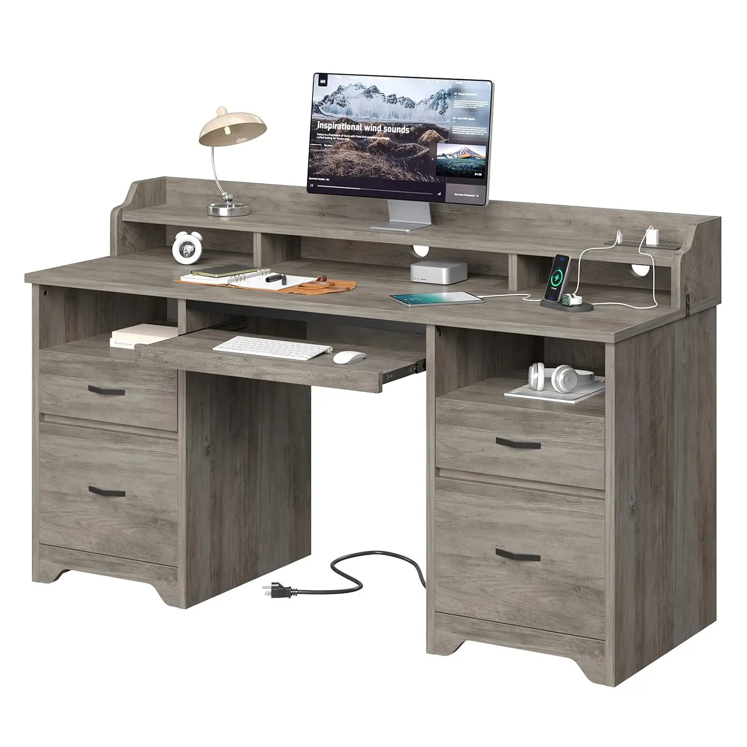 

59" Executive Desk with Drawers Wood Charging Station Keyboard Tray Monitor Stand Home Office Study Grey, Customized