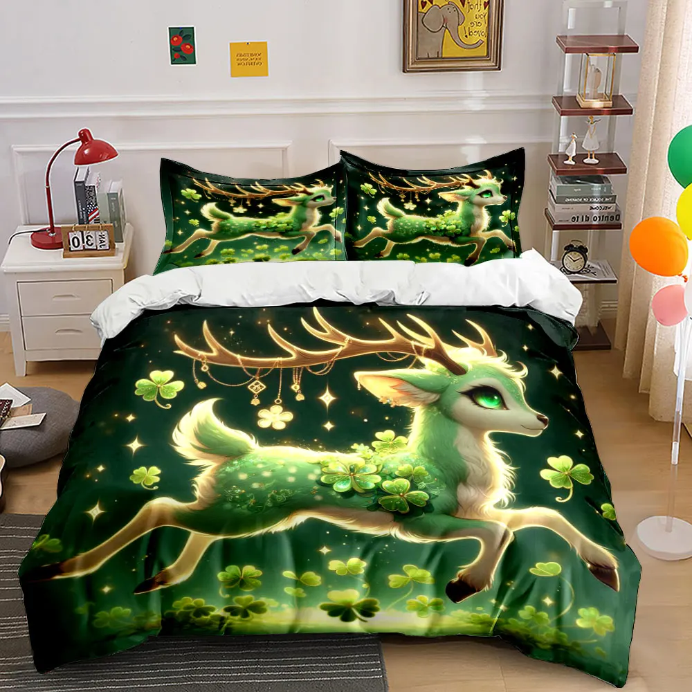 

3pcs Green magical deer with clovers Duvet Cover Set with 3D Printing Design Soft Polyester Bedding Set All-Season Comfort