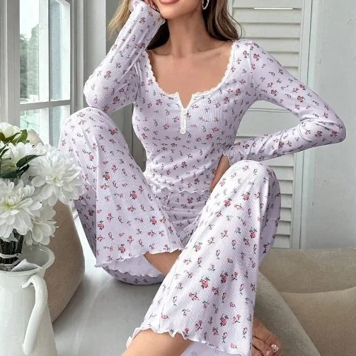 European and American Long-Sleeved Pajamas, Small Floral Printed Lettuce Curled Trousers, Loungewear Suit for Women