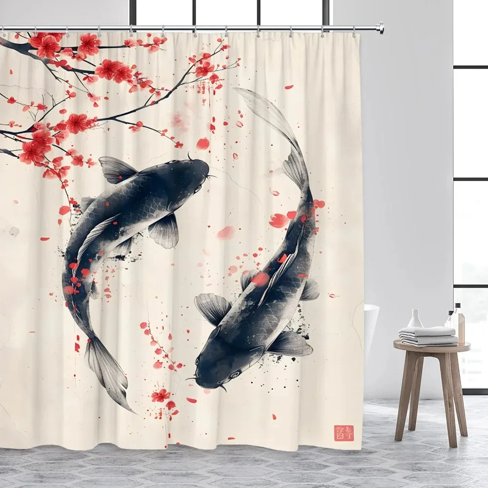 Japanese Style Ink Landscape Shower Curtain Sea Waves Crane Koi Fish Mountain Waterfall Plant Floral Bathroom Curtains Decor Set