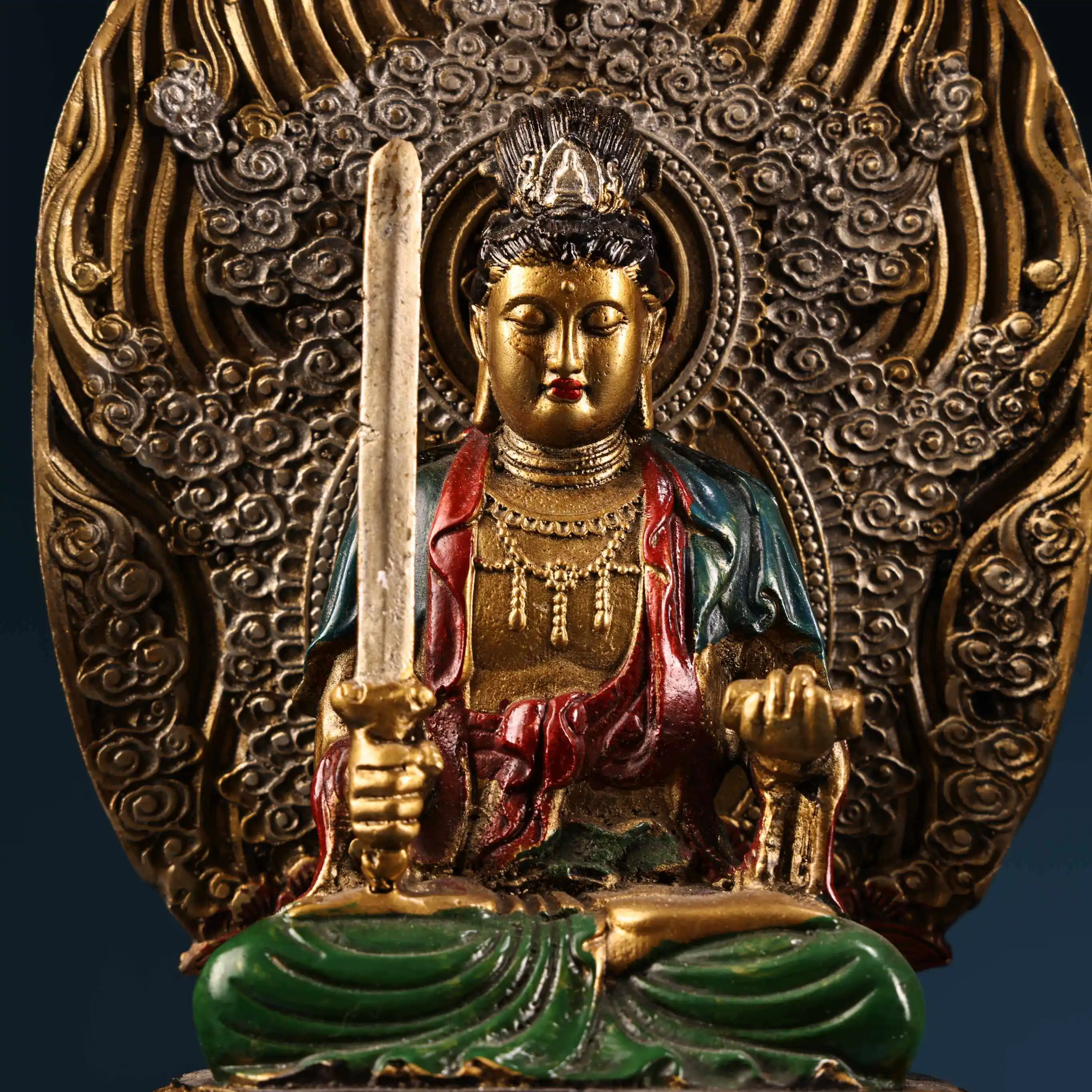 Antique Bronze High Relief Engraved Gold Painted Manjushri Samantabhadra Pair Heavy Patina Fine Craft