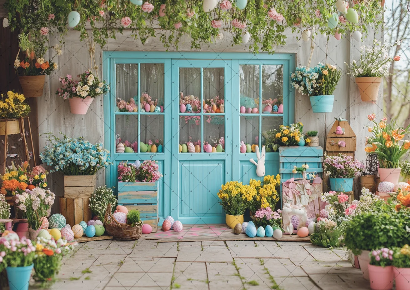 Easter Day Photography Backdrop Spring Flower Easter Rabbit Colorful Eggs Blue Cabinet Photocall Background Photo Studio Props