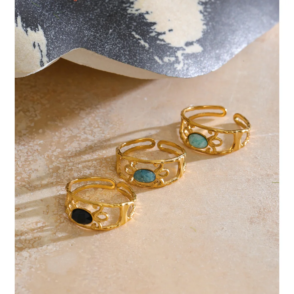 Yhpup Stainless Steel Amazonite Agate Apatite Stone Adjustable Ring for Women Gold Color Geometric Trendy Modern Jewelry