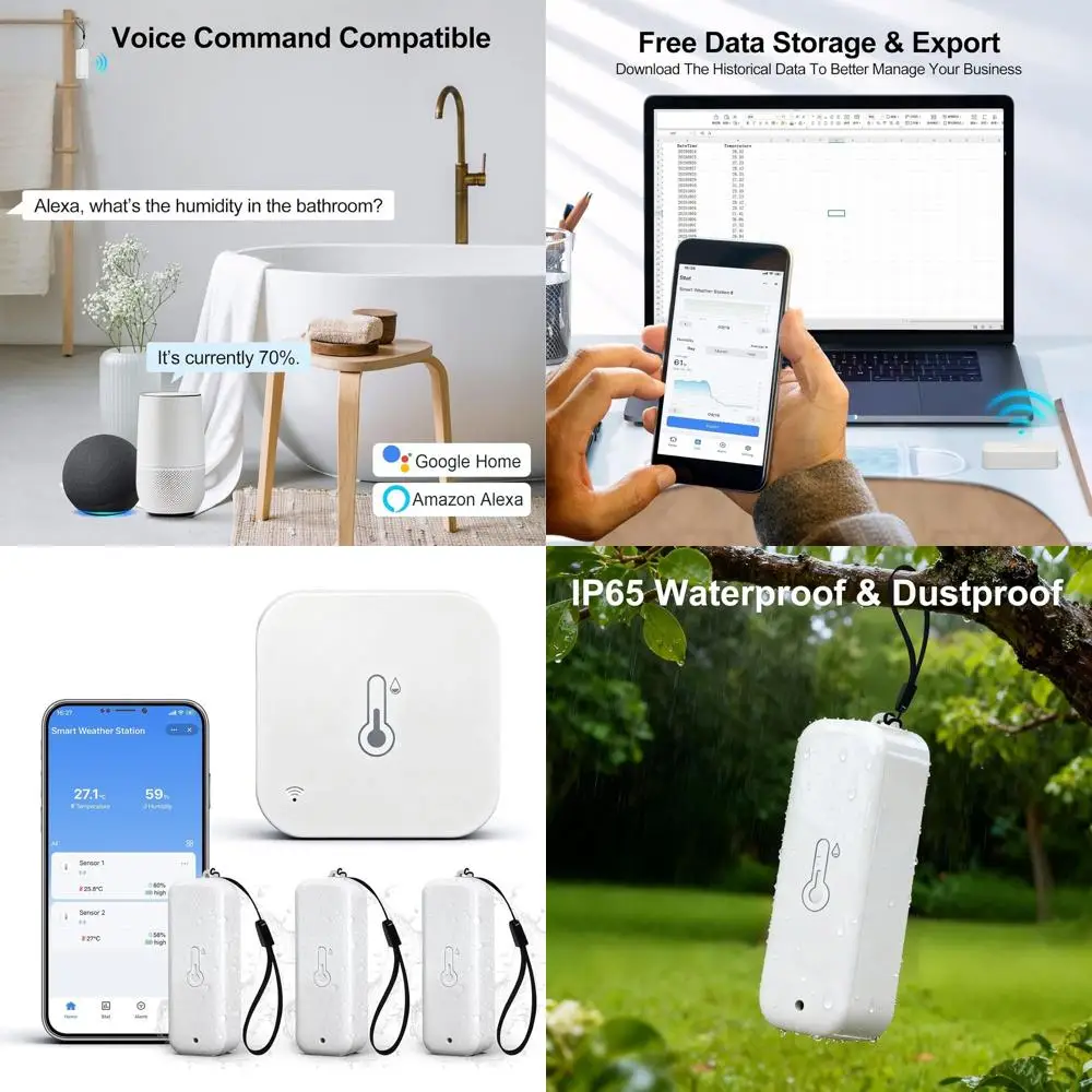 

Умный термометр и комплект гигрометра Wi-Fi из 4 предметов с 3 наружными датчиками, классом IP65, оповещениями через приложение и хранилищем данных, радиус действия до 492 футов