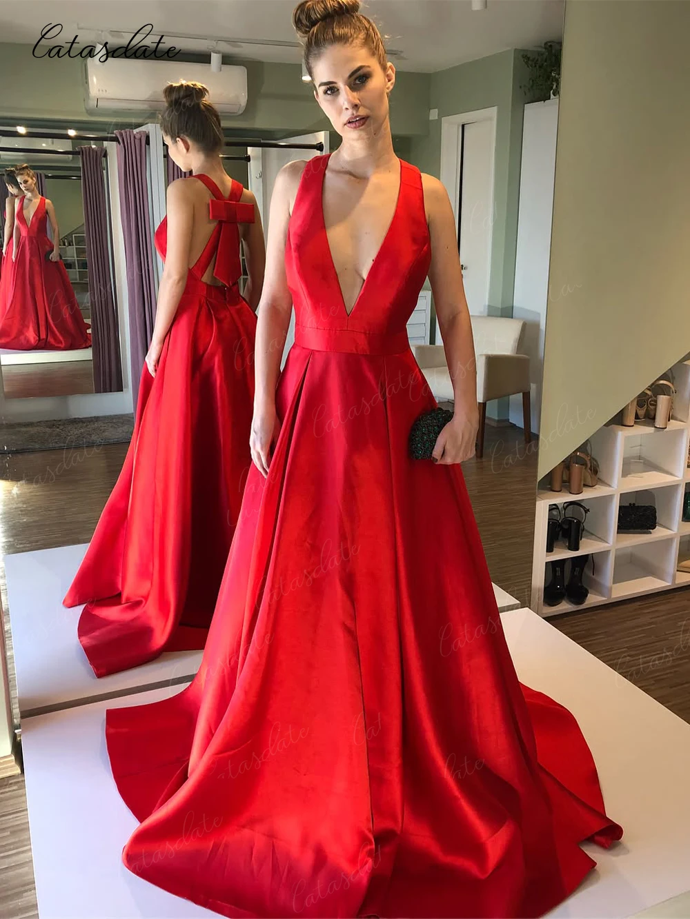 

Catasdate Sesy V Neck Long Evening Dress with Bow Back A Line Party Dress for Women Elegant Dresses for Wedding Guest Customized