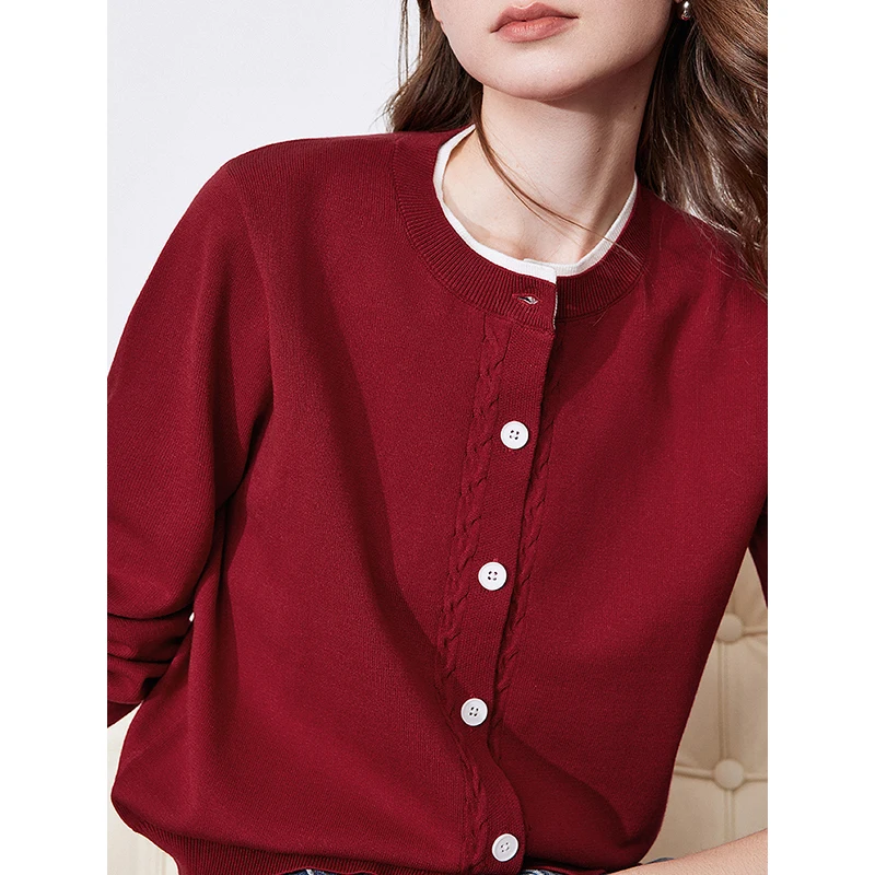 TOYOUTH Women Knitwear 2025 Spring New Contrast Color Round Neck Single Breasted Button Cardigan Sweater Ankola Red