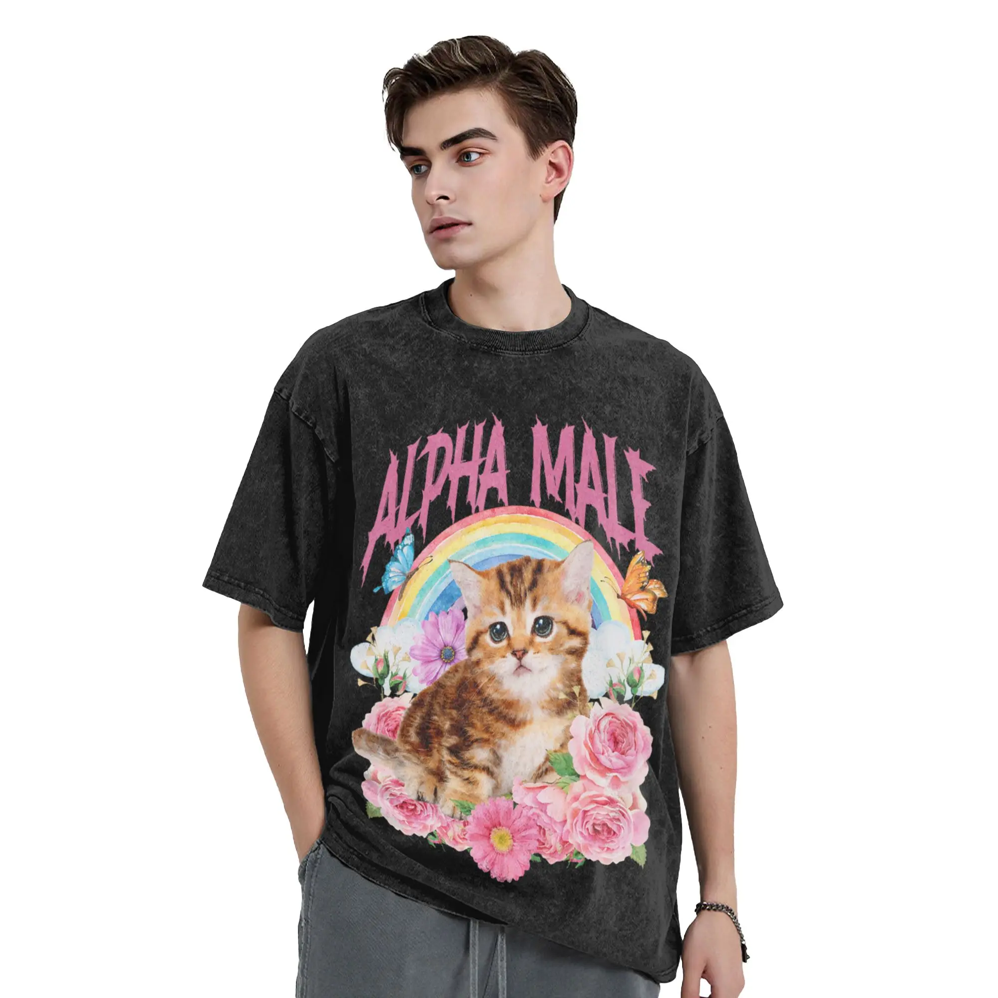 Alpha Male Funny Cat Kitten Rainbow Floral T Shirt Men's  100% Cotton Leisure T-Shirt Crewneck  Tees Short Sleeve Tops Adult