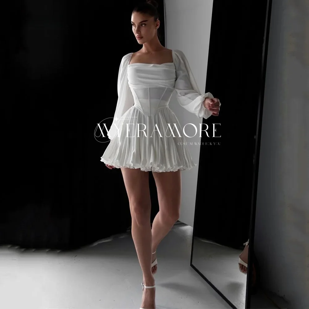 

Simple Ivory Evening Dresses for Women Square Collar Long Sleeve Mini Short Homecoming Dresses Above Knee Prom Gown Customized